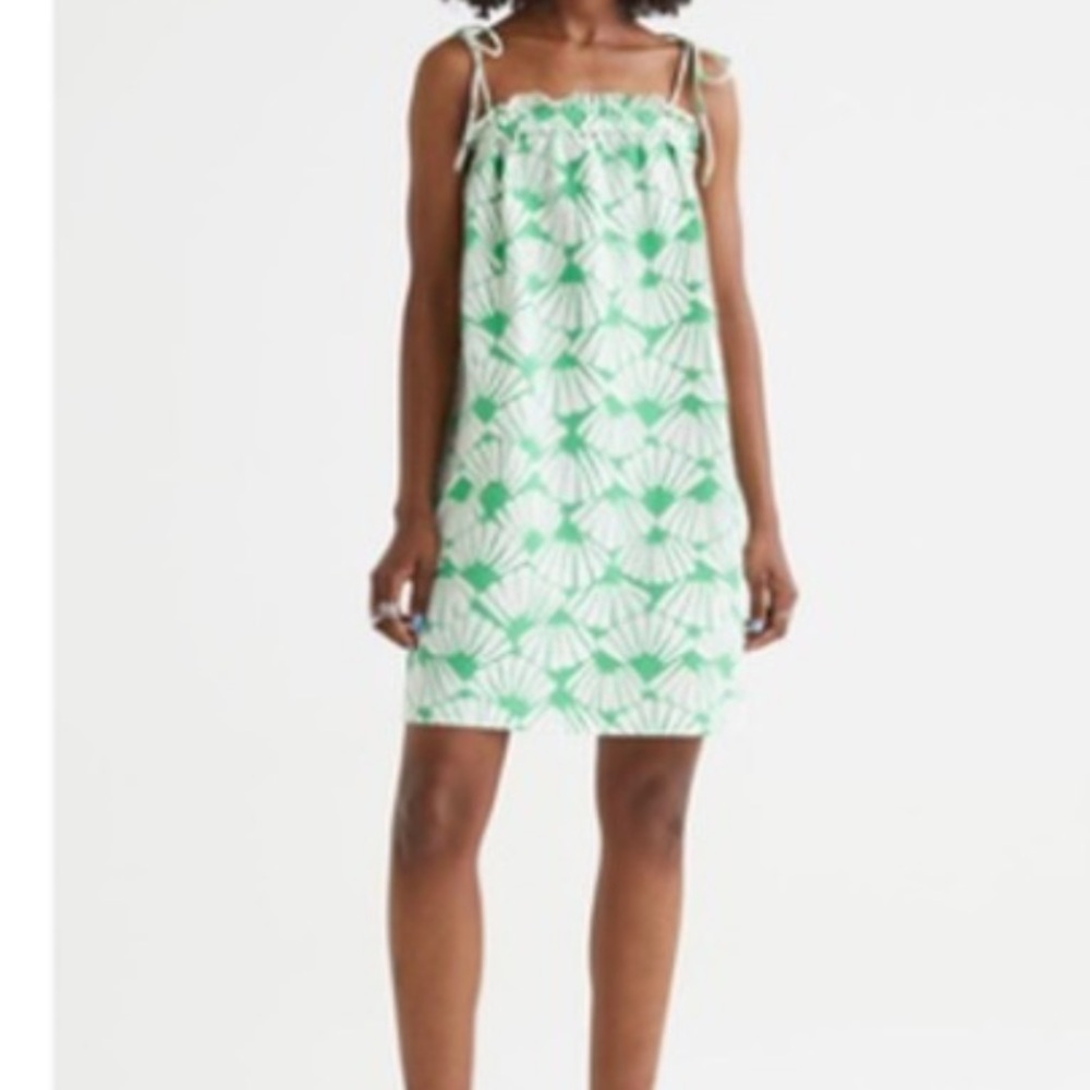 NWT H&M Green and White Tropical Fan Shell Spaghetti Strap Shift Dress M